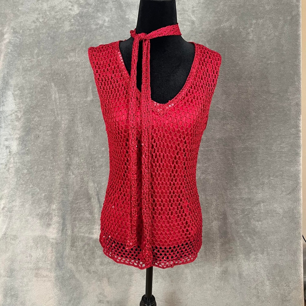Y2K Style Sleeveless‎ Tank Top Womens L Neck Tie Crochet Knit Sequin Whimsigoth